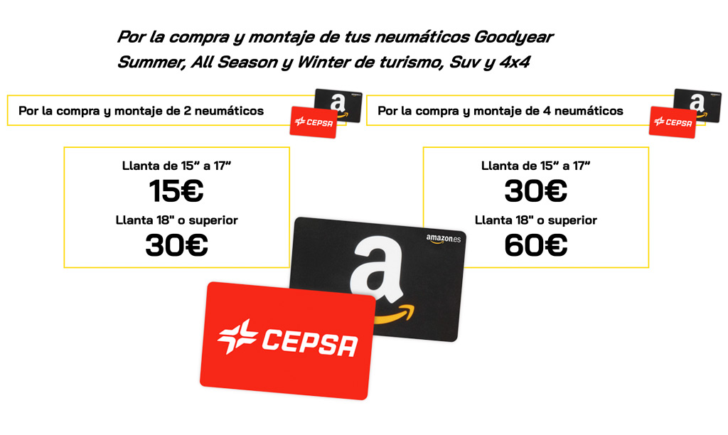 Compra y monta dos neumáticos de Dunlop y llévate cheques carburante y tarjetas regalo de Cepsa y Amazon